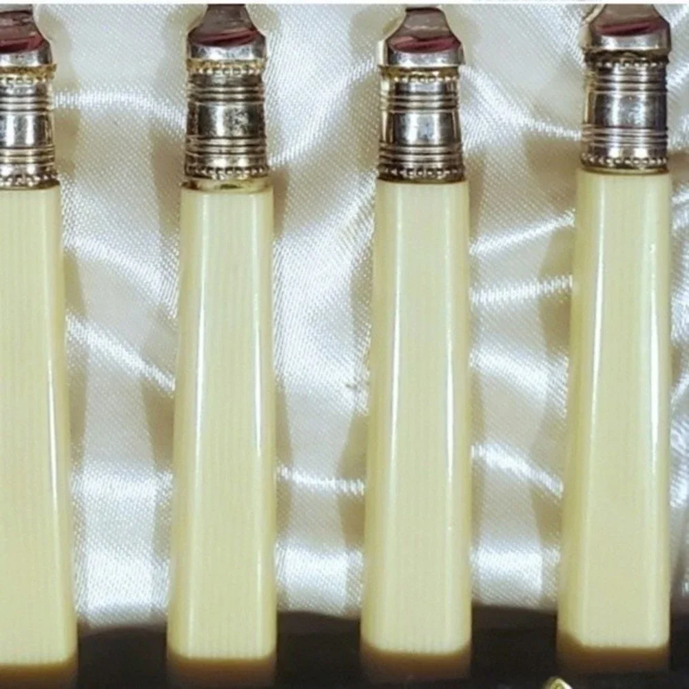 VTG Fish Cutlery English Style Design 6 Sets Forks Knifes faux bone Silver pl